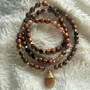 Golden-Hued Wood, Tiger’s Eye Necklace w/ Amber Stone Pendant | Boho Mala Style